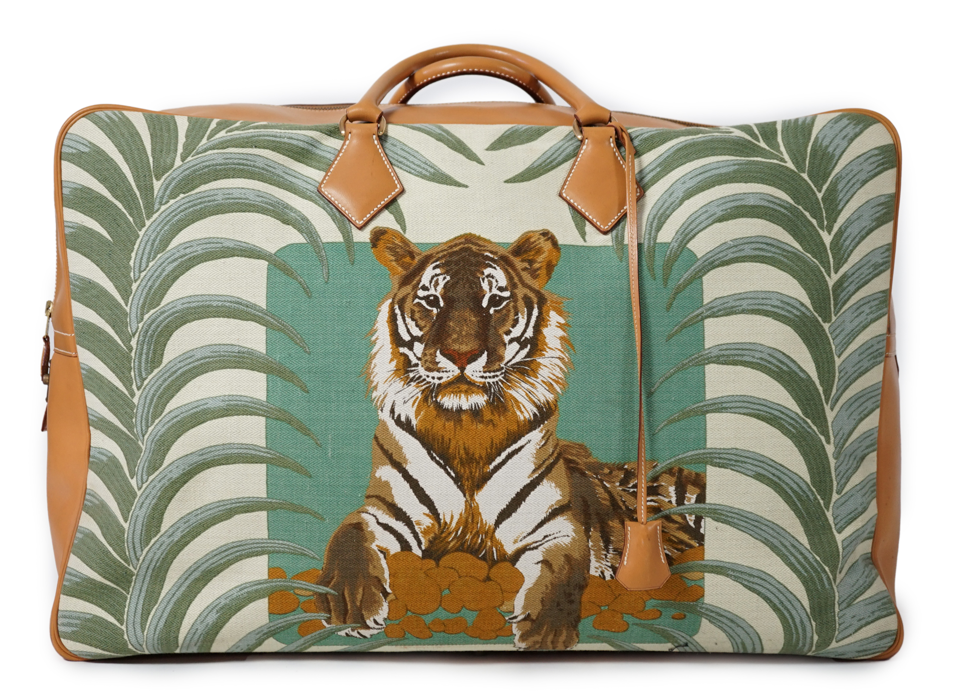 A Hermès Royal Tiger Plume 60 travel bag in leather and linen, height 37cm, width 57cm, depth 22cm